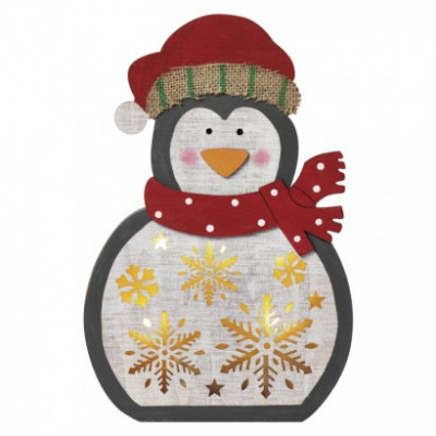 LED vianočný tučniak drevený, 30cm, 2× AAA, teplá b., čas.