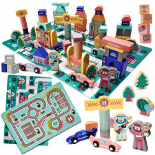 Náučné drevené kocky a puzzle - mesto - 160 ks