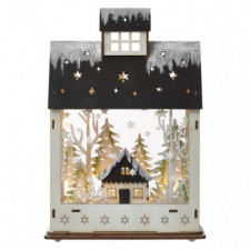 LED vianočný domček drevený, 30 cm, 2x AA, vnútorný, teplá biela, časovač