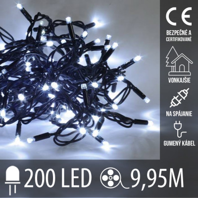 Vianočná LED svetelná reťaz vonkajšia na spájanie s gumeným káblom - 200LED - 9,95M Studená biela