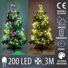 Vianočná LED svetelná mikro reťaz CLUSTER vonkajšia s časovačom + programator - 200LED - 3M Multicolour+Teplá biela