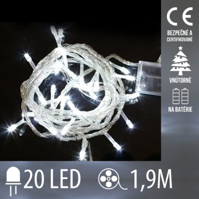 Vianočná LED svetelná reťaz vnútorná - na batérie - 20LED - 1,9M Studená biela