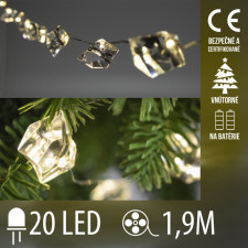Vianočná LED svetelná reťaz vnútorná na batérie - akrylový krištáľ - 20LED - 1,9M Teplá Biela