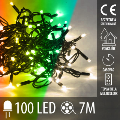Vianočná LED svetelná reťaz vonkajšia s časovačom + 2 farebné variácie - 100LED - 7M Teplá biela/Multicolour
