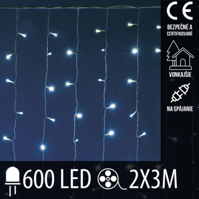 Vianočná LED svetelná záclona na spájanie vonkajšia - záves - 600LED - 2x3M Studená biela